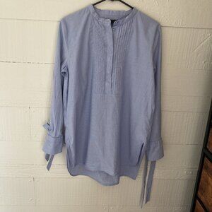 Ann Taylor Blue Micro Pinstripe Tunic With Bow Tie Cuffs Pleated Placard Size L